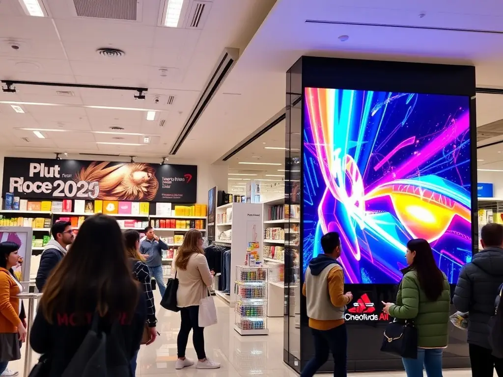 A high-resolution LED screen displaying dynamic, branded content for a VISIONPRO 360 client, showcasing vibrant colors and crisp text, set in a modern retail environment to attract customer attention.