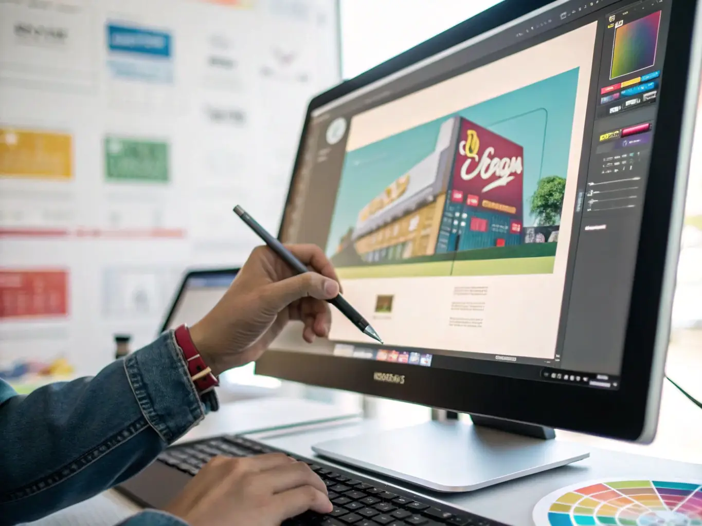 A VISIONPRO 360 designer working on a customized digital signage template, using branding elements and specific messaging tailored to a client's advertising campaign.