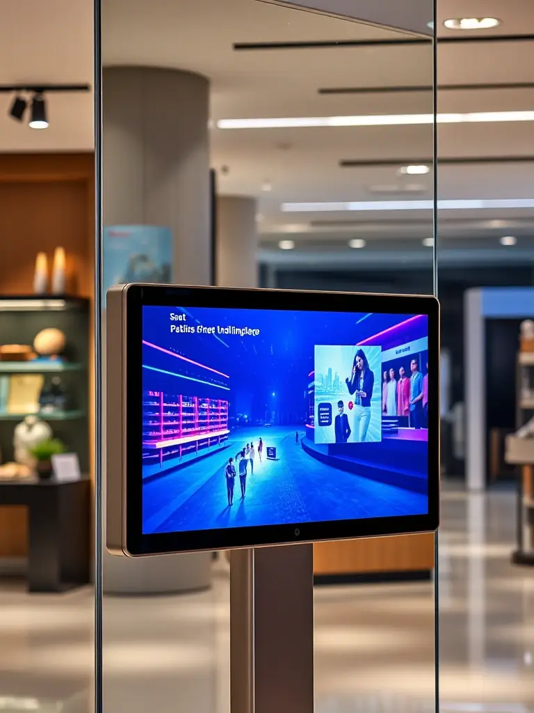 A digital signage monitor with a slim bezel design, seamlessly integrated into a modern retail setting, showcasing its sleek and professional appearance.