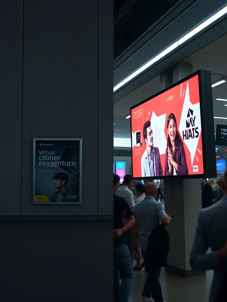 A split-screen image showing a before-and-after transformation of a static advertisement being replaced with a dynamic digital signage display, emphasizing the increased engagement.