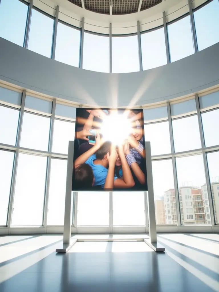 A wide-angle view of a digital signage screen with anti-glare technology, placed in a brightly lit environment, demonstrating its visibility and readability under various lighting conditions.