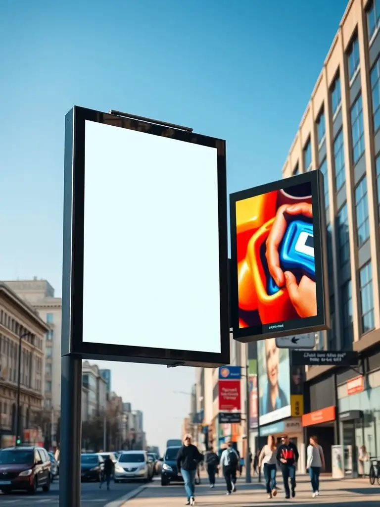A durable, weather-resistant digital signage screen installed outdoors, displaying a vibrant advertisement despite exposure to rain and sunlight, emphasizing its reliability and longevity.